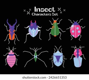 Cute cartoon insect characters set. Funny happy small bugs, caterpillars, grasshoppers, beetles, worms, bees and ants. Flat modern vector illustrations isolated on black background