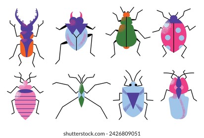 Cute cartoon insect characters set. Funny happy small bugs, caterpillars, grasshoppers, beetles, worms, bees and ants. Flat modern vector illustrations isolated on white background