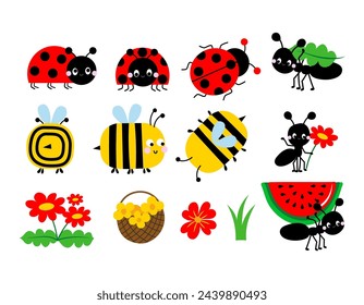 Cute cartoon insect collection - Ladybug, bumble bees and ants. Funny bees, flower buds and foliage pack bundle for summer collections.