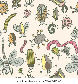 Cute cartoon insect pattern. Summer concept texture. Colorful vector background with doodle beetles