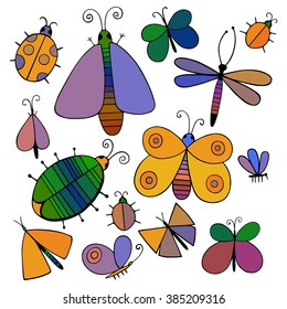 Cute cartoon insect set. Dragonflies, butterflies and bugs. Isolated. Vector illustration.