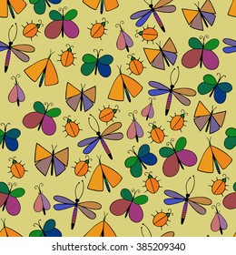 Cute cartoon insect set. Dragonflies, butterflies and bugs. Vector seamless pattern.