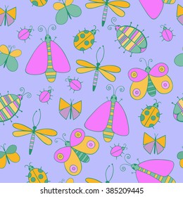 Cute cartoon insect set. Dragonflies, butterflies and bugs. Vector seamless pattern.
