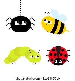 Cute Cartoon Insect Set. Ladybug Lady Bird, Honeybee Bee, Caterpillar, Spider. Dash Line. White Background Isolated. Flat Design. Vector Illustration