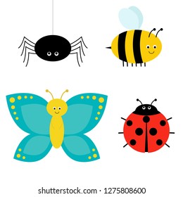 Cute cartoon insect set. Ladybug, spider, butterfly and bee. Isolated.