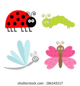 Cute cartoon insect set. Ladybug, dragonfly, butterfly and caterpillar. Isolated. Vector illustration.