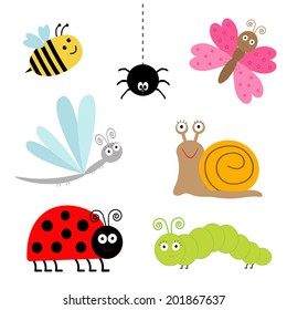 Cute cartoon insect set. Ladybug, dragonfly, butterfly, caterpillar, spider, snail. Isolated. Vector illustration