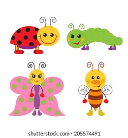 Cute cartoon insect set. Ladybug, bee, butterfly and caterpillar