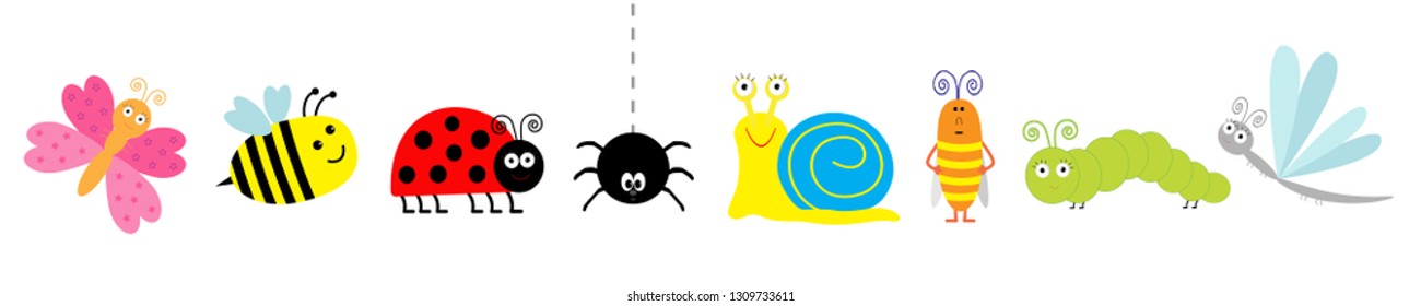 Cute cartoon insect set line. Ladybug, ladybird dragonfly, bee, butterfly, caterpillar spider, cockroach snail. White background Isolated. Vector illustration