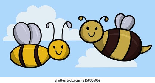 Cute cartoon insects, bee and bumblebee smile, vector illustration on a light background