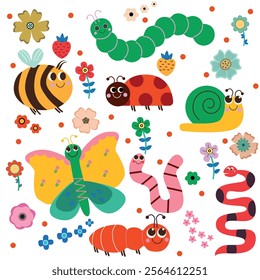 Cute cartoon insects and bugs collection, including a smiling bee, butterfly, snail, caterpillar, ladybug, ant, worms, and flowers. Bright and colorful vector illustration