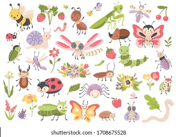 Cute Cartoon Insects. Butterfly, Bug, Dragonfly, Caterpillar, Spider, Mosquito, Fly And Worm. Vector Illustration.