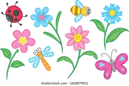 Cute cartoon insects and flowers