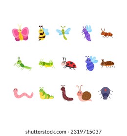 Cute Cartoon Insekten mit freundlicher Gesichtsgrafik. Cute Bugs und Insekten Cartoon Charaktere. Vektorfliegendes und Crawling-Tier-Set