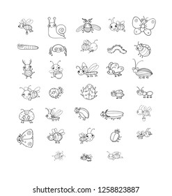 Cute cartoon insects. Funny butterflies, beetles, flies, mosquitoes and snail. Coloring book