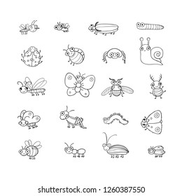 Cute cartoon insects. Funny butterflies, beetles, flies, mosquitoes and snail. Vector 