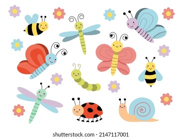 Cute cartoon insects. Funny caterpillar and butterfly, ladybug. Bug insect colorful isolated vector illustration icons set EPS