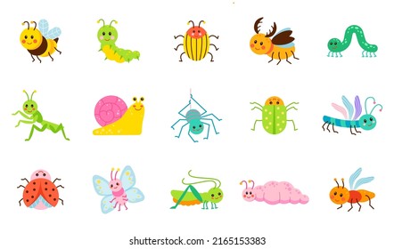 Cute cartoon insects. Funny caterpillar and butterfly, children bugs, mosquito and spider. Green grasshopper, ant and ladybug. Bug garden insect colorful set. Vector illustration