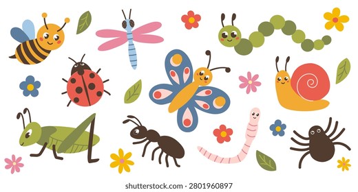 Cute cartoon insects and garden bugs vector set including bee, butterfly, dragonfly, ladybug, caterpillar, grasshopper, ant, snail, spider and worm with flowers and leaves.