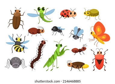 Cute cartoon insects. Happy bugs, smiling fly and little mantis vector Illustration set. Insect character, bee and wasp, ladybug or ladybird