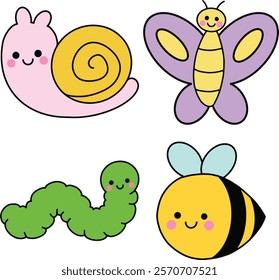 Cute cartoon insects, including a butterfly, snail, bee, and caterpillar, drawn in a colorful and fun style, perfect for children’s educational materials or decorations.