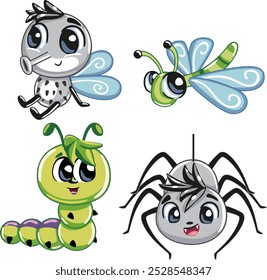 Cute cartoon insects isolated on white background.
