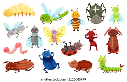 Cute cartoon insects  ladybug  butterfly  bee  beetle  spider  Happy garden insect  worm  caterpillar  smiling bugs for kids vector set butterfly   dragonfly  ladybug   beetle
