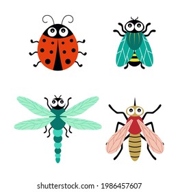 lindos dibujos animados insectos, ladybug, libélula, mosquito y mosca, ilustración vectorial aislada en fondo blanco