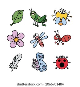 Cute cartoon insects, leaves and flowers, suitable for children.