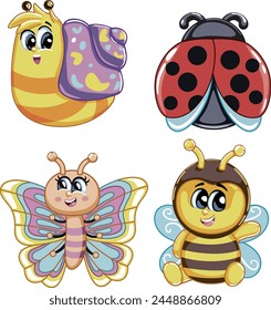 Cute cartoon insects on white background.