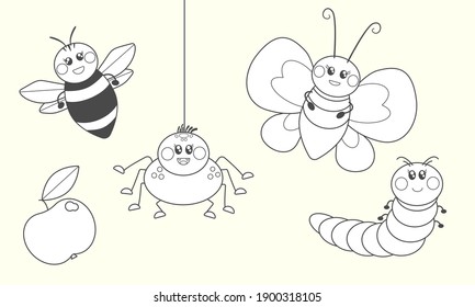 cute cartoon insects set coloring page