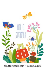 Cute cartoon insects in summer plants and flowers