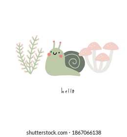 Cute cartoon insects worm snail in forest. Kawaii flat insects, leaves, fruits, bends in the garden