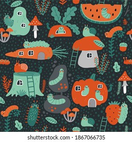 Cute cartoon insects worm snail in forest. Kawaii flat insects, leaves, fruits, bends in the garden seamless pattern