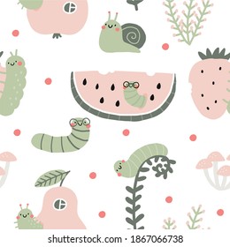 Cute cartoon insects worm snail in forest. Kawaii flat insects, leaves, fruits, bends in the garden seamless pattern