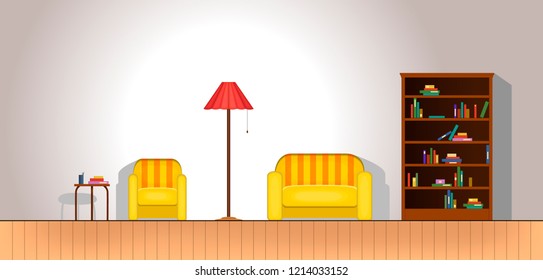 Cute Cartoon Interior For Living Room With Yellow And Red-striped Sofa And Chair. Bookcase Includes Many Colorful Books. High Red Lamp Provides Light. There Are Books On The Wooden Small Table, Too