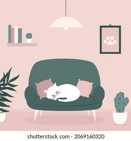 bonito interior de dibujos animados de la sala de estar con plantas y gato sobre un sofá acogedor adorable ilustración vectorial