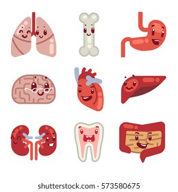 Cute Cartoon Internal Organs Vector Icons. Characters Human Organs Heart, Liver And Stomach, Illustration Of Vital Organs