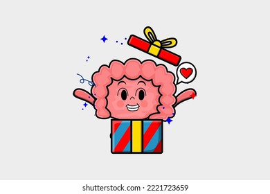 Cute cartoon Intestine character coming out from big gift box look so happy flat cartoon style