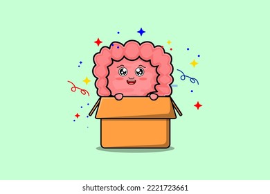 Cute cartoon Intestine character coming out from box in flat style cartoon vector icon illustration