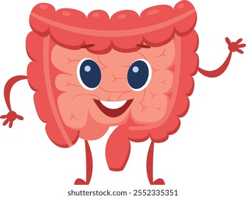 O caráter bonito do intestino do desenho animado promove alegremente a saúde digestiva e o bem-estar intestinal, enfatizando a importância de um estilo de vida saudável e uma dieta equilibrada