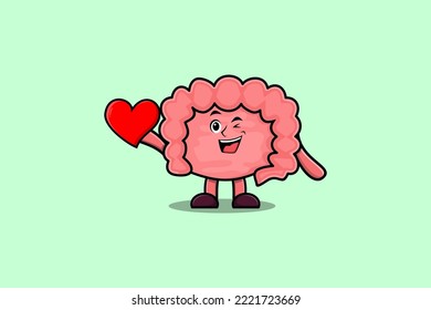 Cute cartoon Intestine character holding big red heart in modern style design illustration