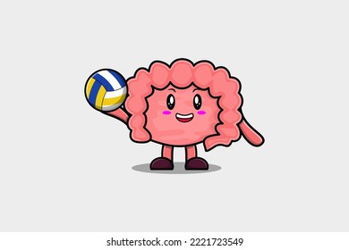 Cute cartoon Intestine character playing volleyball in flat cartoon style illustration