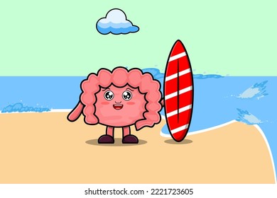 Cute cartoon Intestine character playing surfing with surfing board