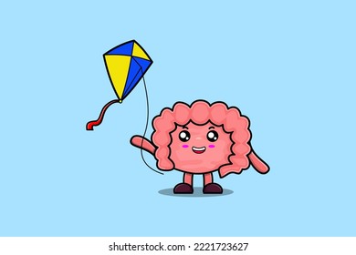 Cute cartoon Intestine character playing kite flaying cartoon icon vector illustration
