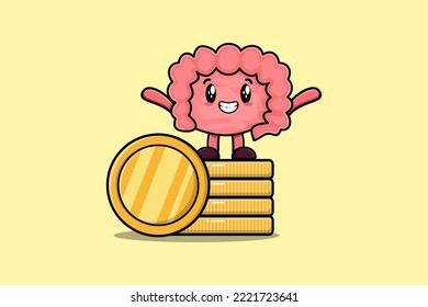 Cute cartoon Intestine character standing in stacked gold coin vector illustration in flat cartoon
