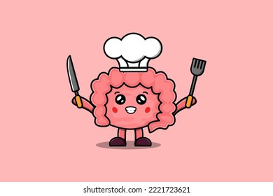 Cute cartoon Intestine chef character holding knife and fork in flat cartoon style illustration