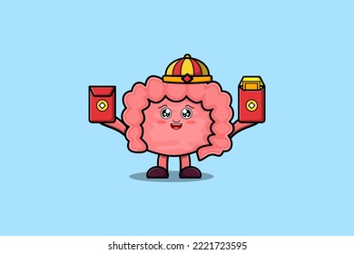 Cute cartoon Intestine chinese character holding red packets vector icon illustration