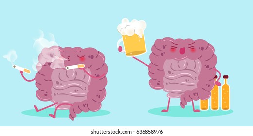 cute cartoon intestine with cigarette and beer