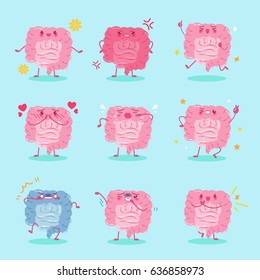 cute cartoon intestine with different emoji on the green background